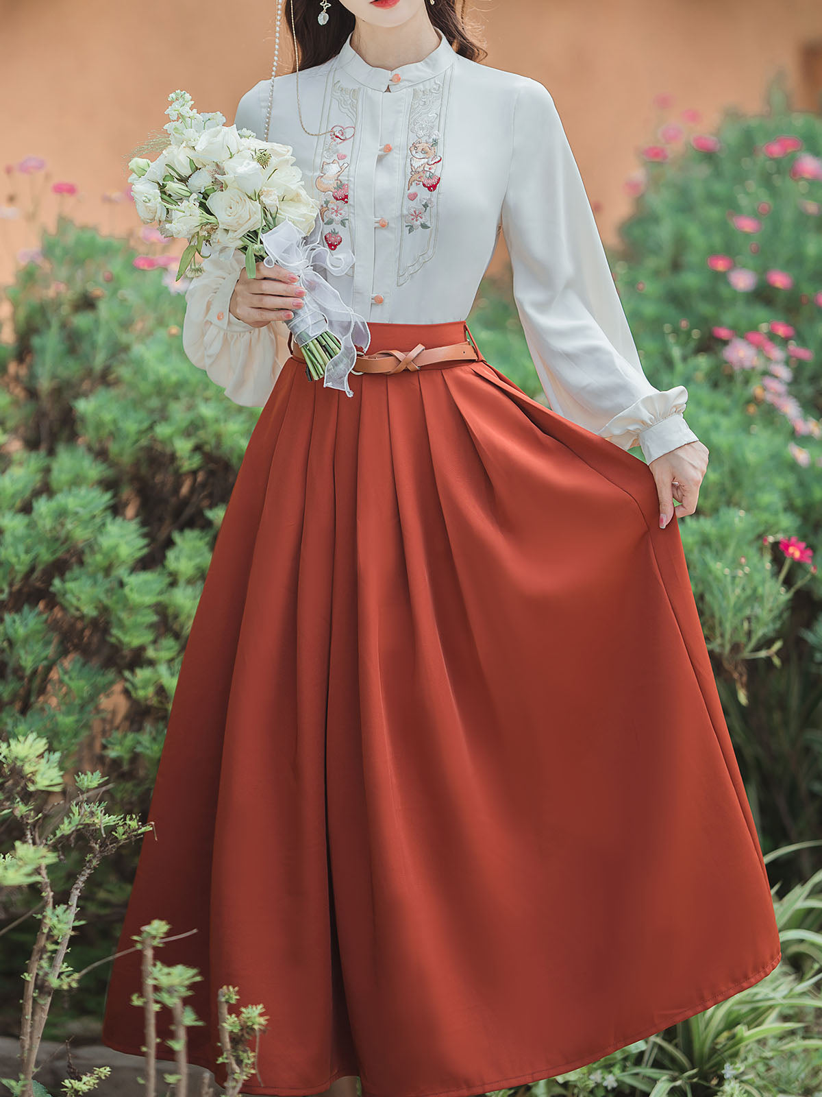 2PS 1950S White Cat Embroidered Long Sleeve Shirt And Orange Swing Skirt Suit