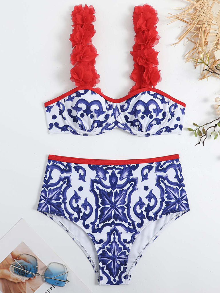 Floral Print Flower Strap Two Pieces