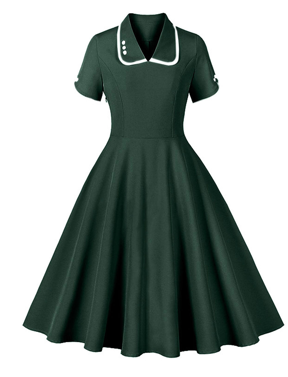 Dark Green Turn Down Collar Short Sleeve 1950S Vintage Dress