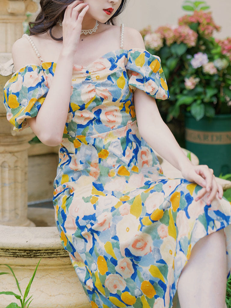 Yellow And Blue Floral Print Off Shoulder 1950S Dress