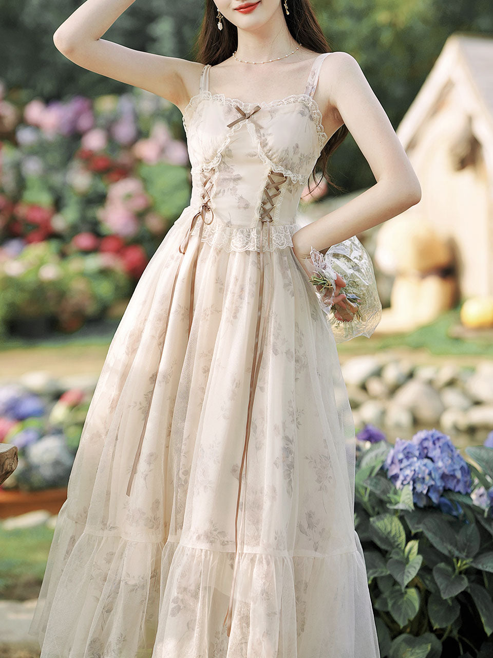 2PS Apricot Floral Print Ruffles Spaghetti Strap Princess Dress