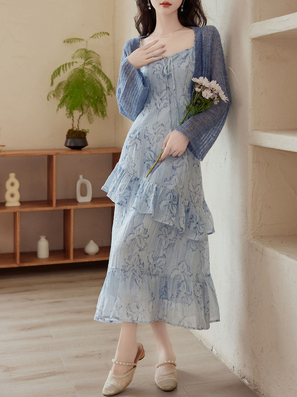 2PS Blue Floral Print Spaghetti Strap Dress