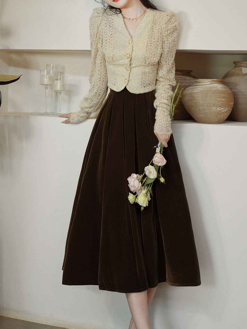 White Lace V Neck Top and Brown Velvet Swing Skirt Dress Set