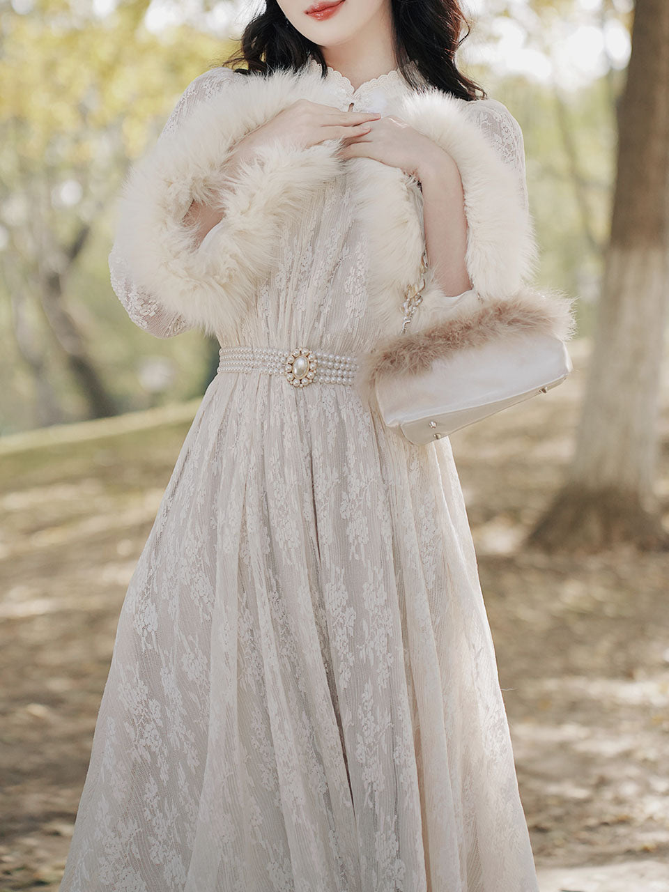Apricot Lace Fur Sleeve 1950S Vintage Dress