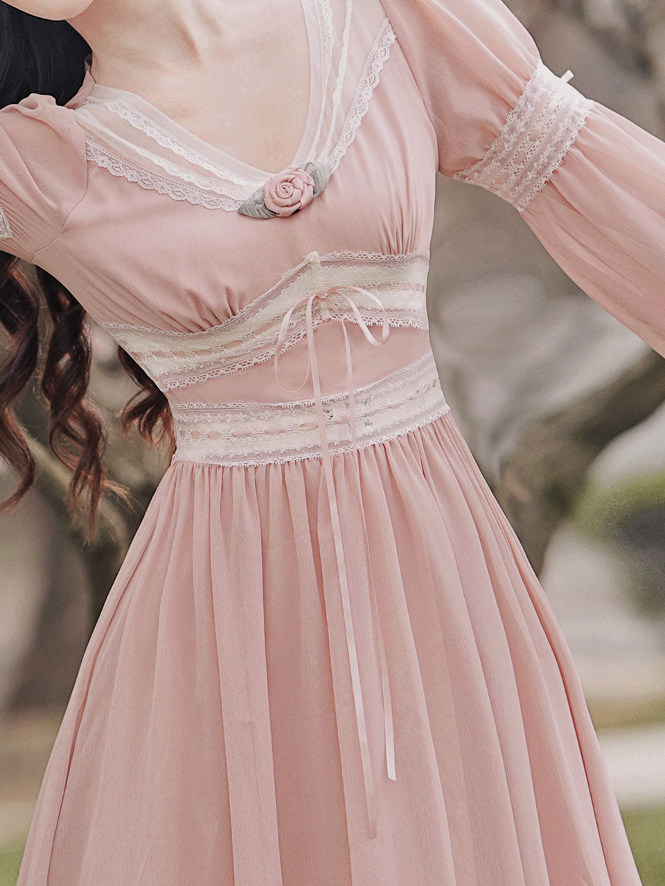 Pink Rose Girl Retro Lace V-neck Chiffon Long Lantern Sleeve Coquette Dress