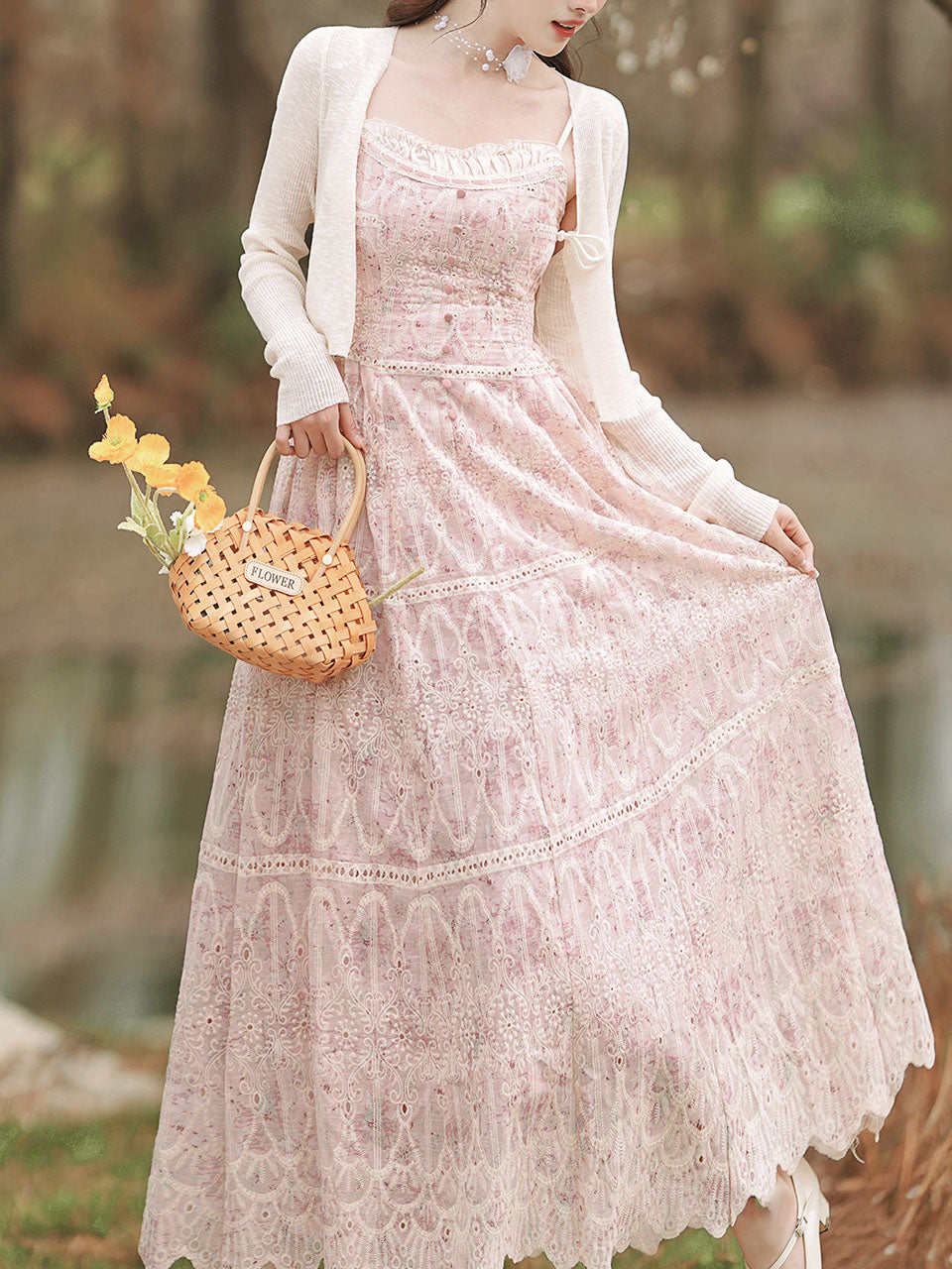 2PS Pink Embroidered lace Spaghetti Strap Dress