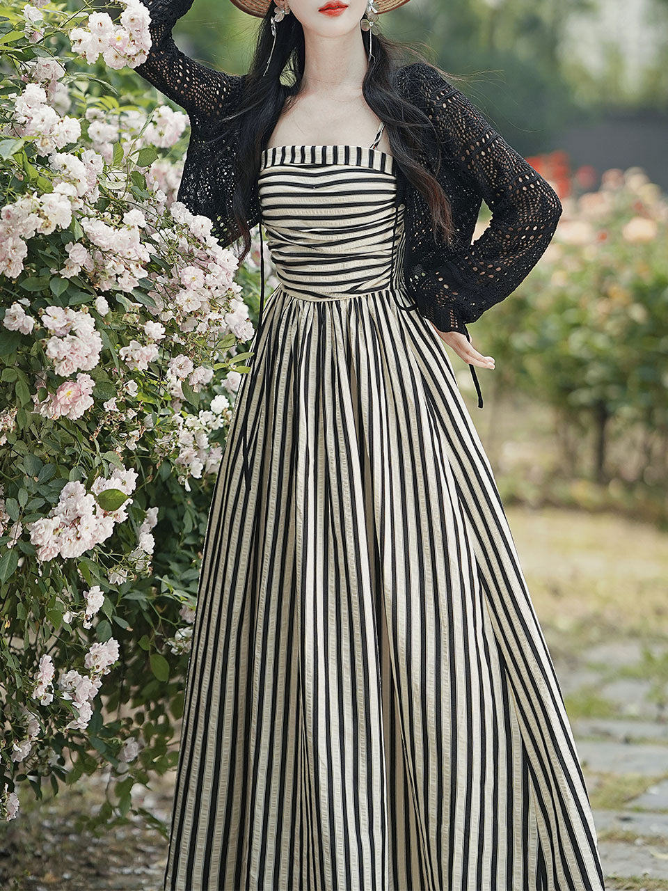 1950S Taylor Swift Same Style Black and White Stripe Swing Dress