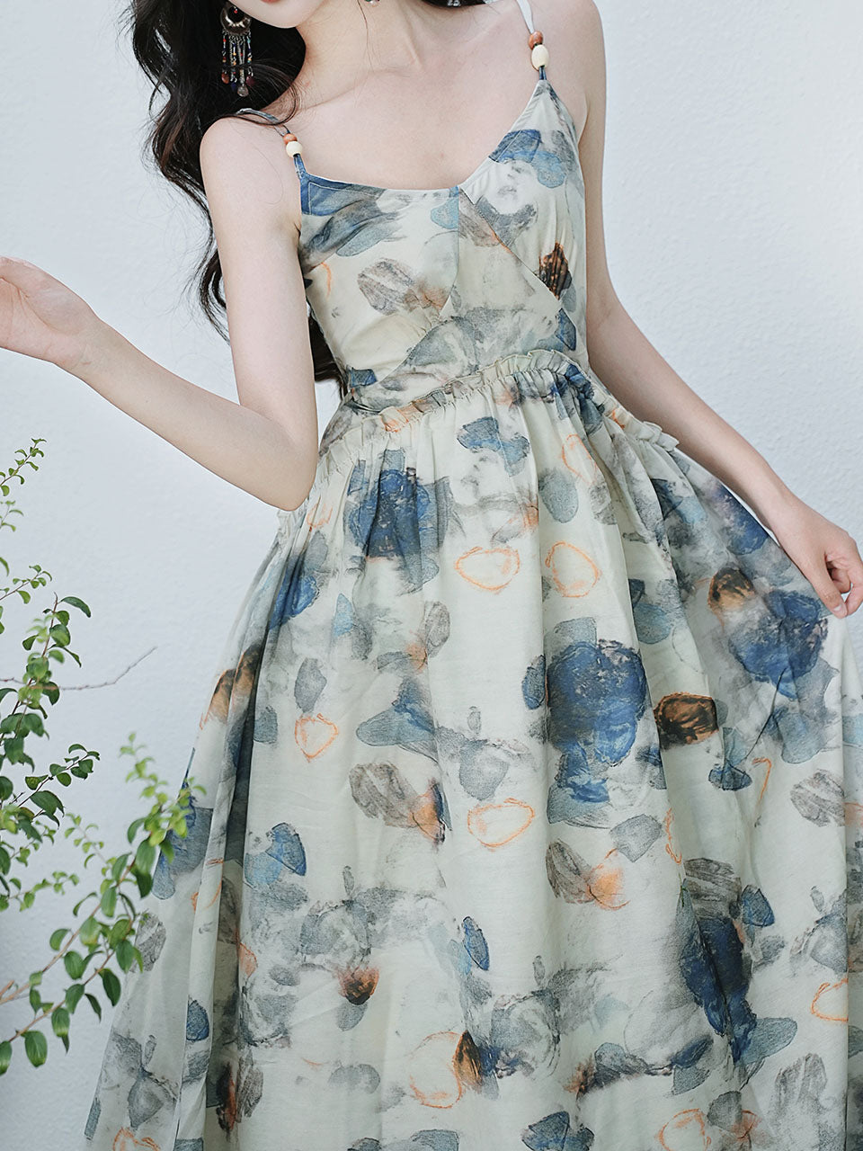 2PS Blue Floral Print Spaghetti Strap 1950S Vintage Dress