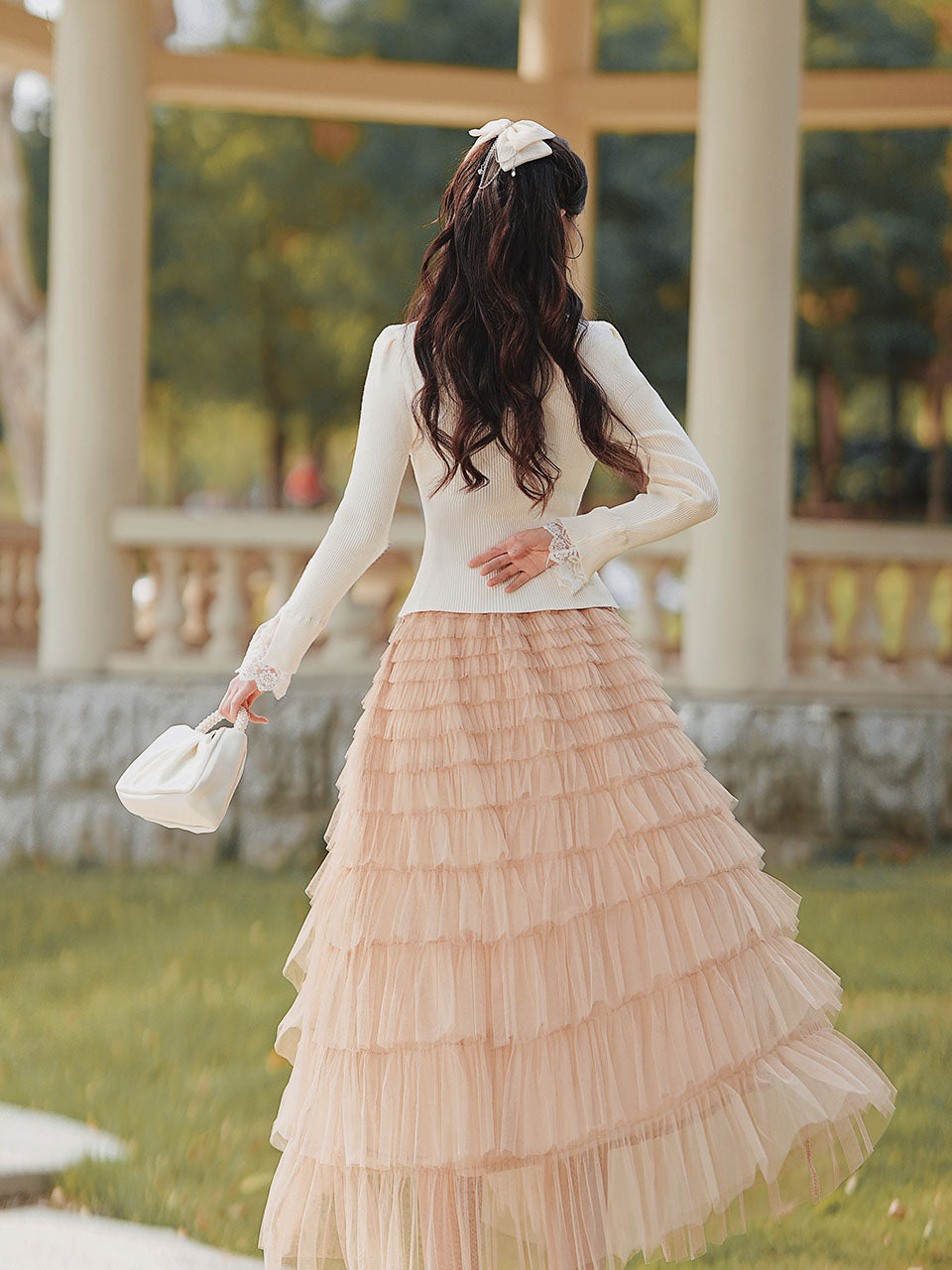 2PS White V Neck Knitted Sweater and Swing Mesh Fairy Skirt Dress Set