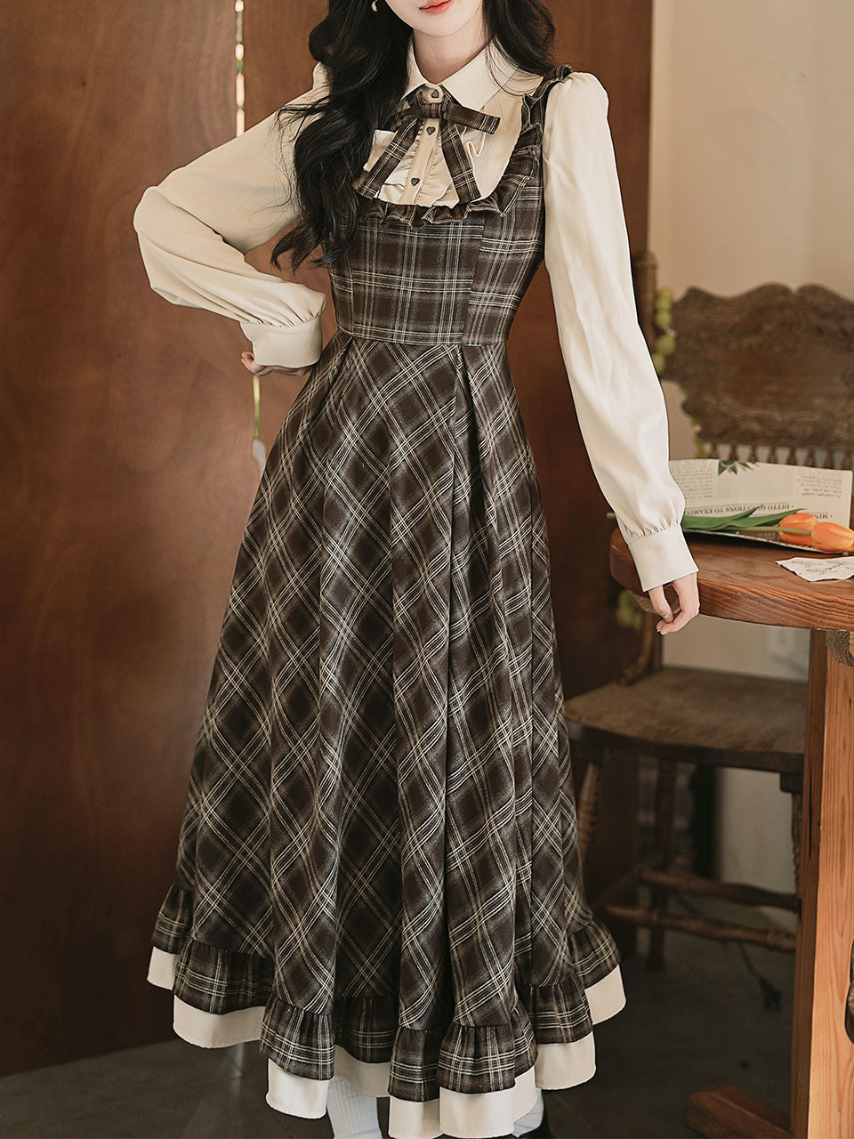 Brown Plaid Fake Two-Piece Long Sleeve Vintage Dress