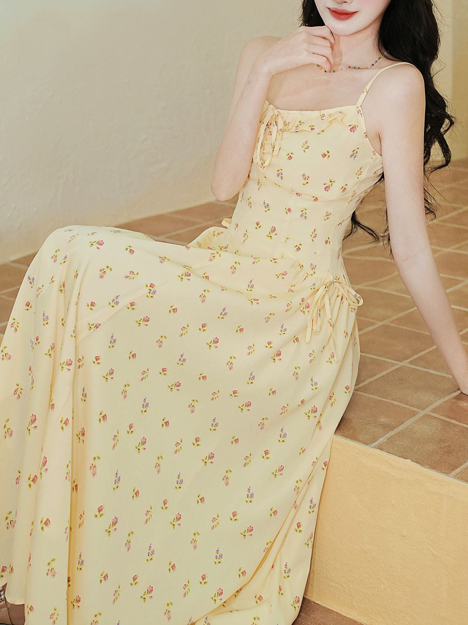 2PS Yellow Floral Spaghetti Strap 1950S Vintage Dress