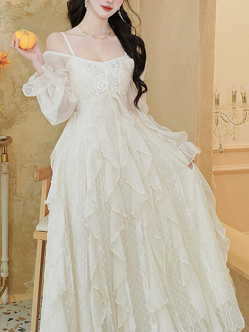 Vintage White Square Neck Butterfly Sequins  Lace Ruffle Long Sleeve Dress