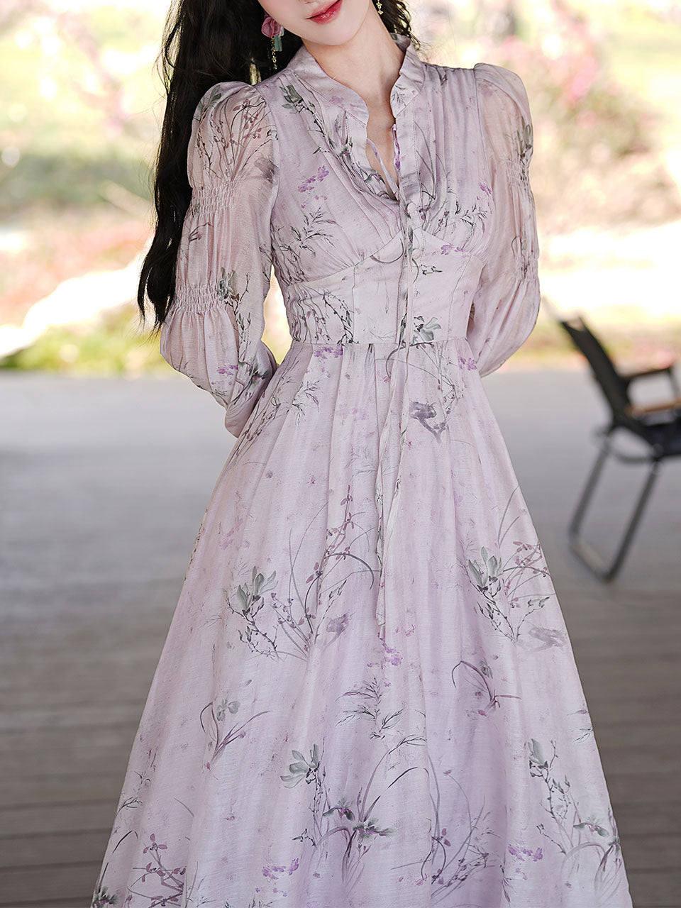 Purple Stand Collar Puff Long Sleeve Vintage Dress