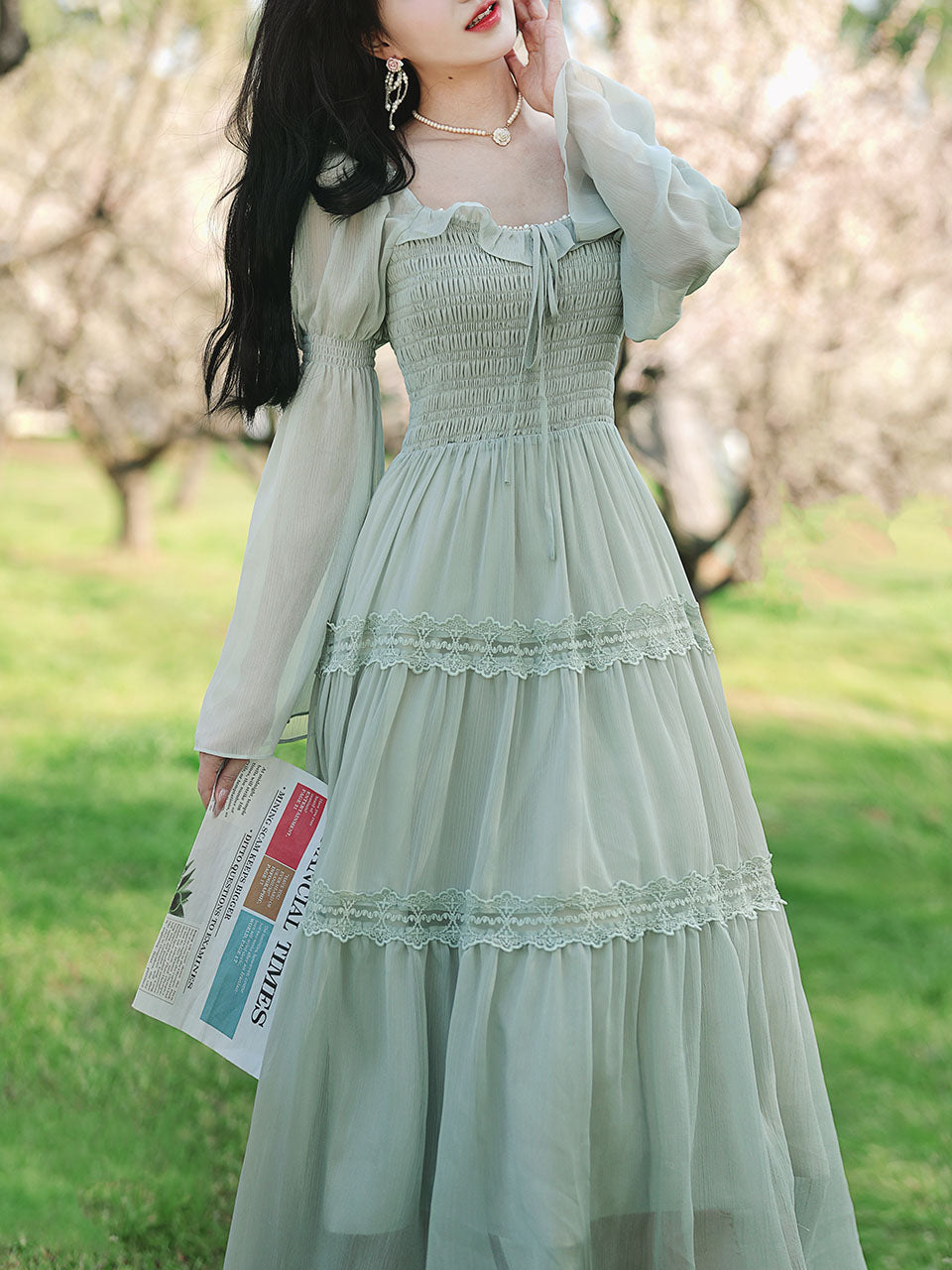 Green Square Collar Lace Ruffles Edwardian Revival Vintage Dress