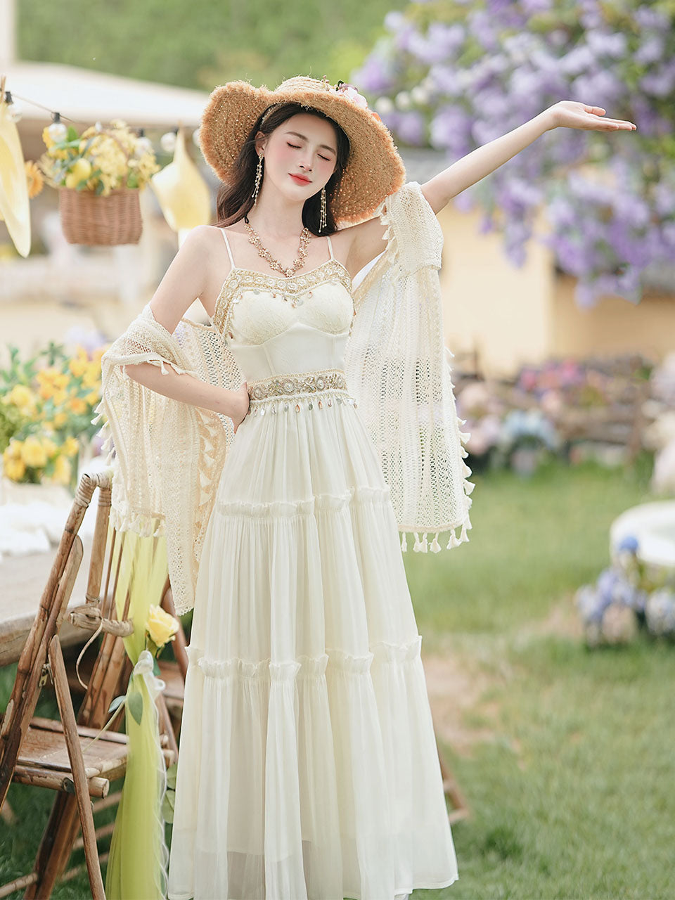 White Bohemian Embroidered Retro Maxi Dress 1970S Vintage Set