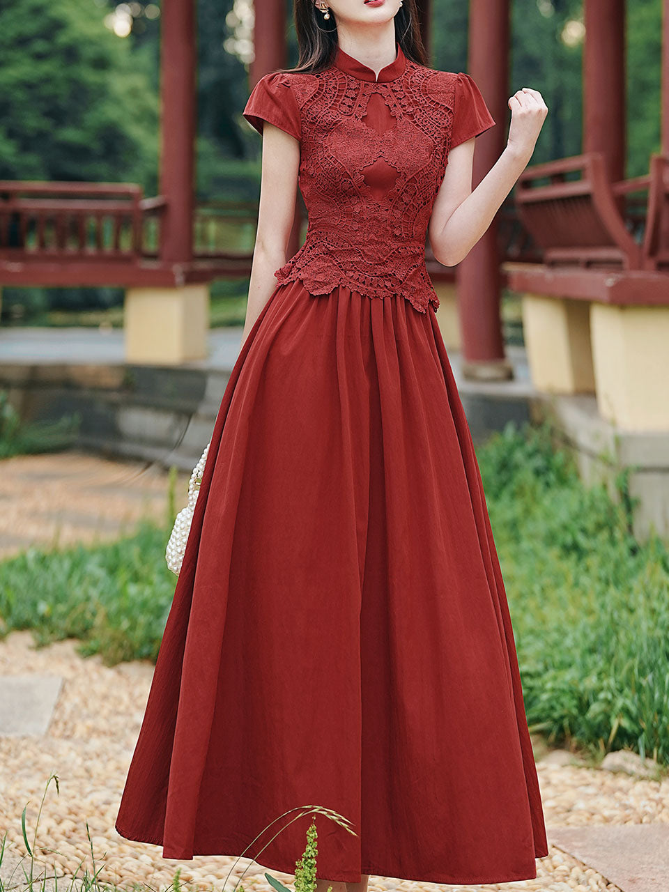 Red Cheongsam Cap Sleeve Lace Vintage Dress