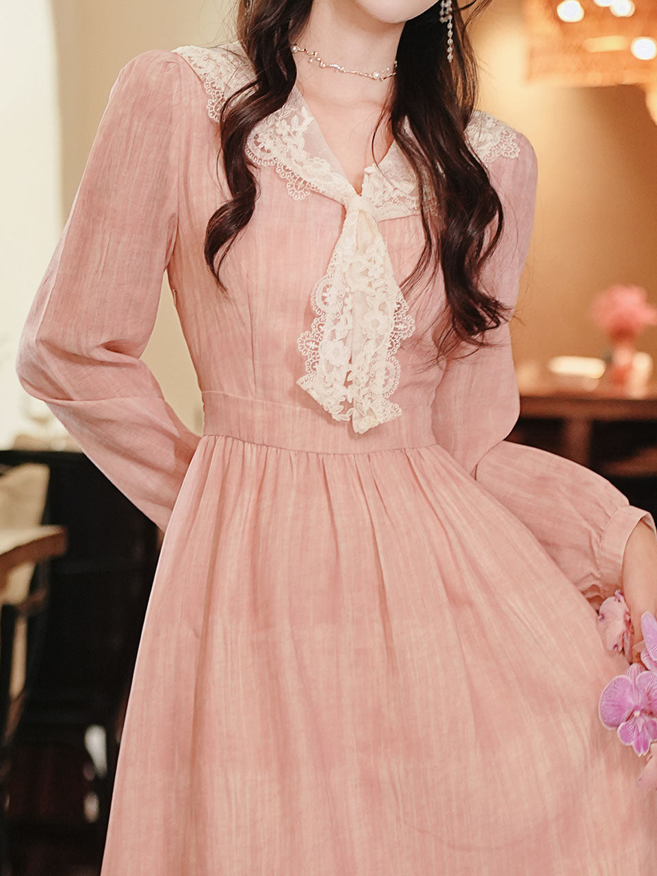 Romantic Vintage Pink Long Sleeve Dress