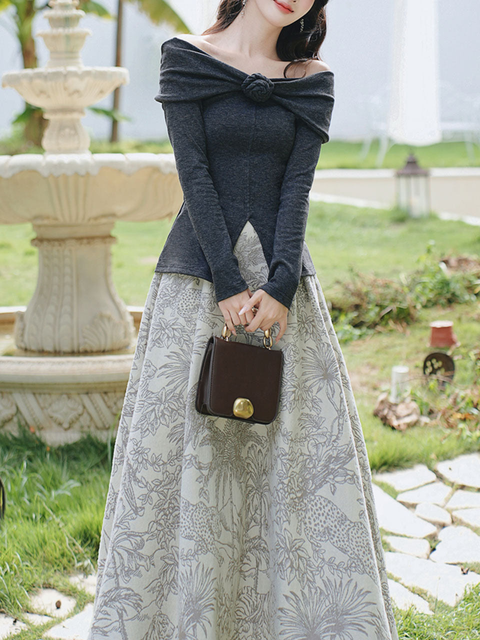 Gray Off Shoulder Slit Knit Top and Floral Jacquard Maxi Skirt Set