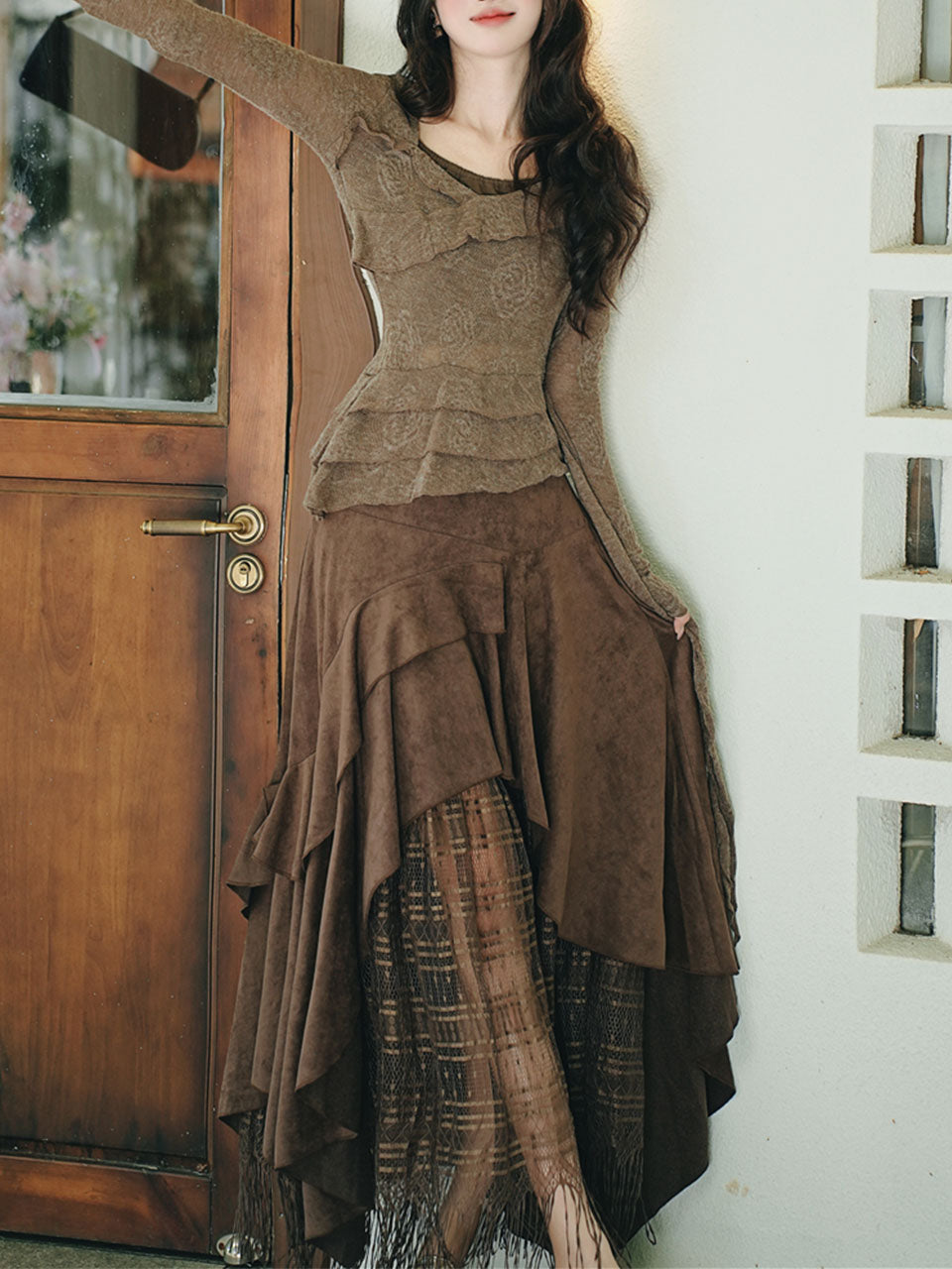 1950S Vintage Brown Rose Top and Irregular lace Swing Skirt Set