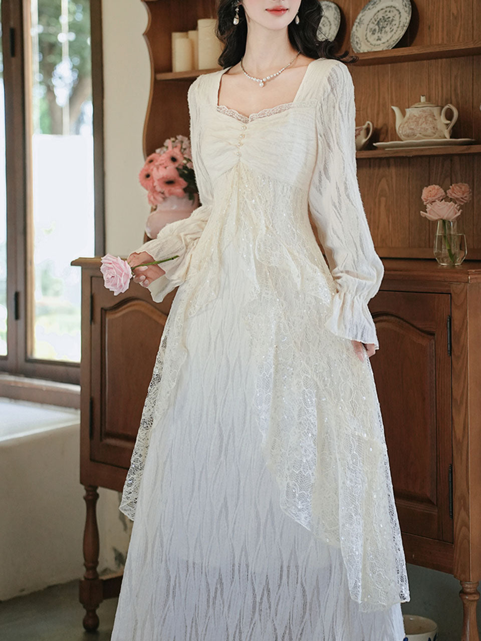 White Lace Ruffle Long Sleeve Sequined Vintage Dress