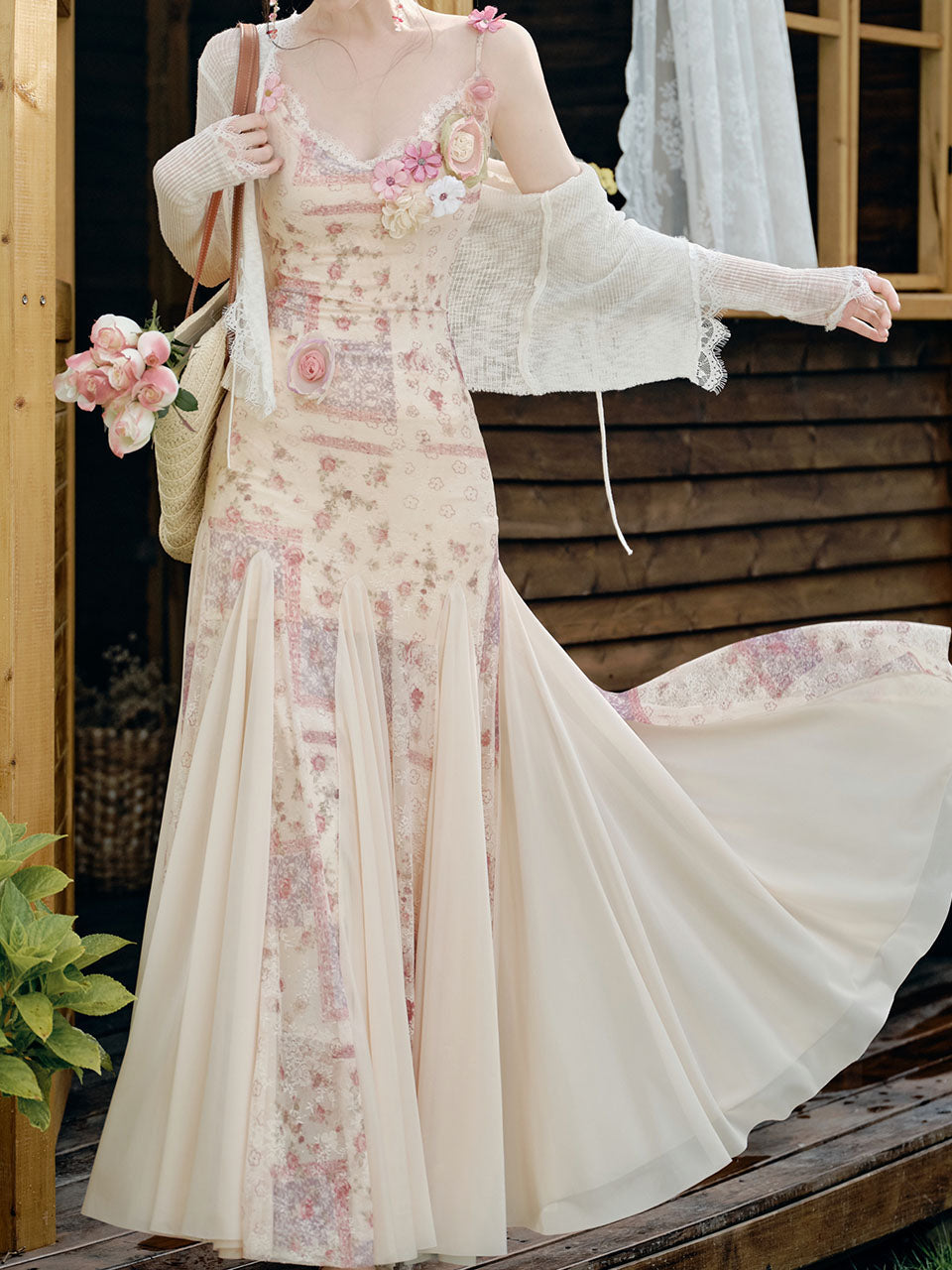 Pink Floral Print Spaghetti Strap Fishtail Flared Vintage Maxi Dress
