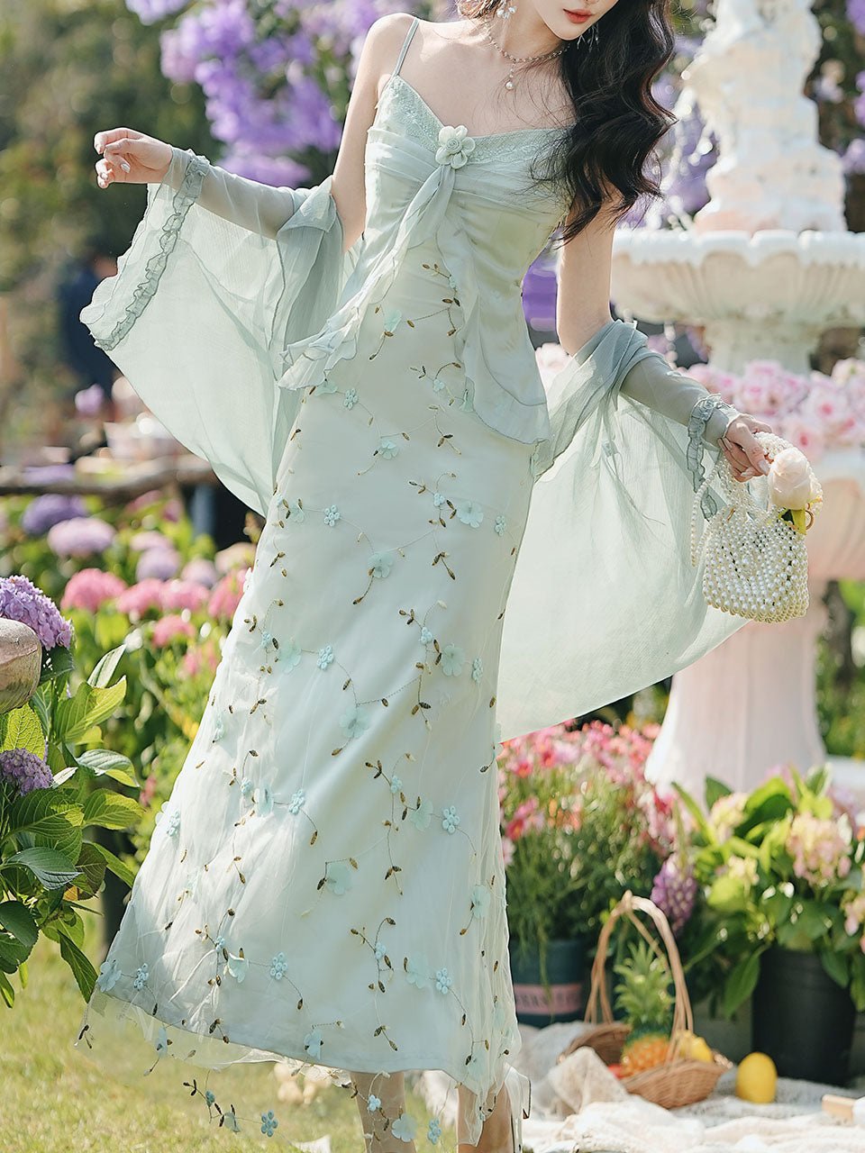 2PS Green Floral Printed Spaghetti Strap Vintage Dress