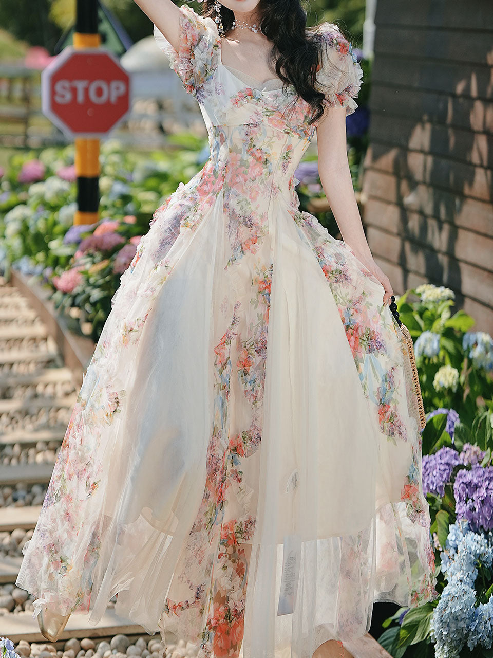 Printed Tulle Puff Sleeve Ruffled Hem Princess Party Dress for Girls Women
