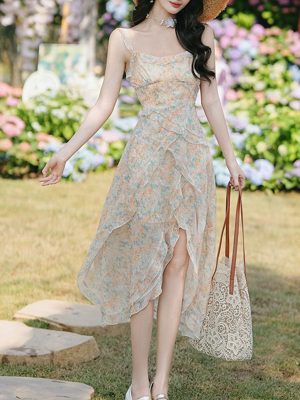 2PS Apricot Floral Printed Spaghetti Strap High-low Ruffled Hem Vintage Dress