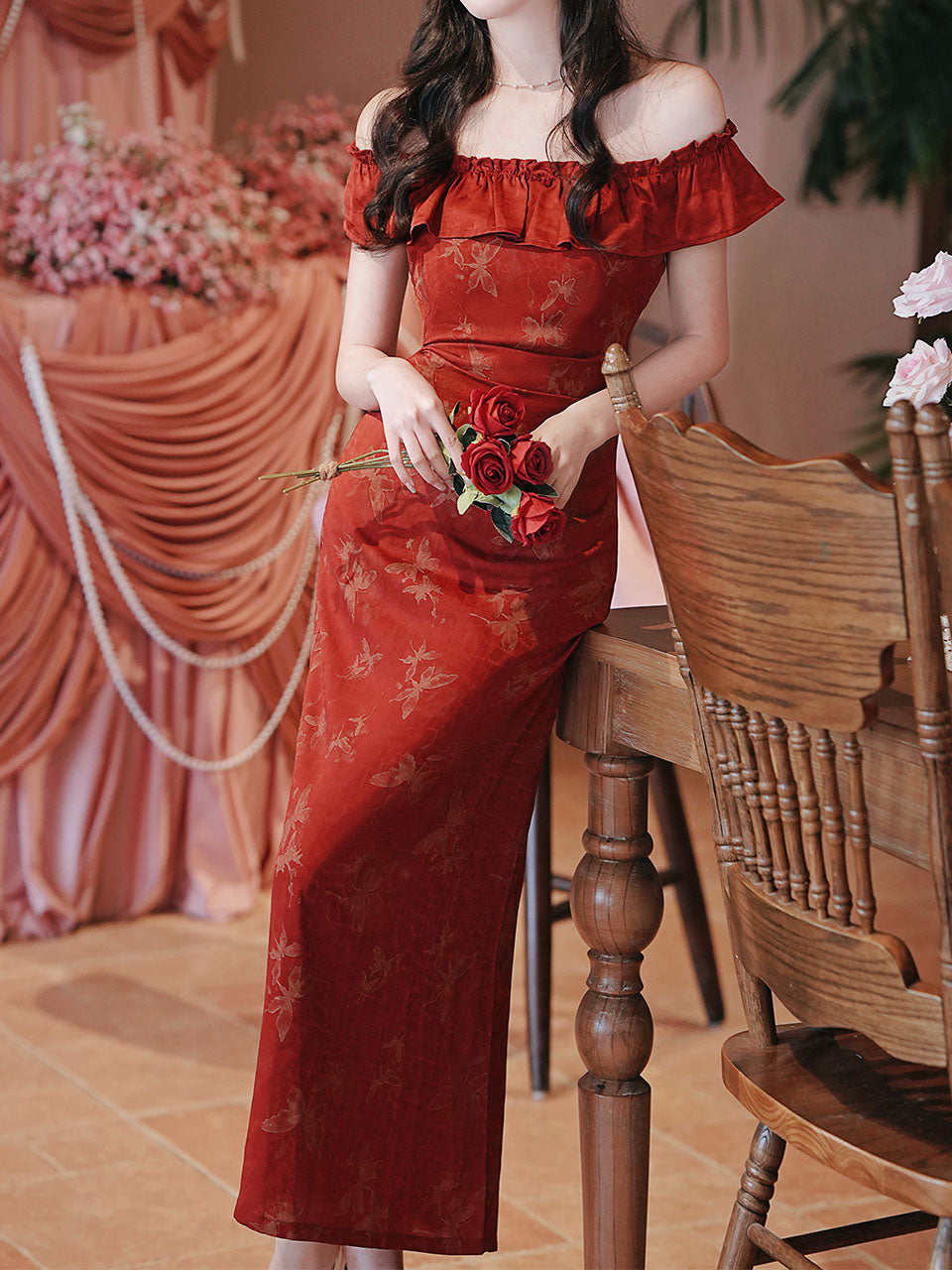 Red Butterfly Print Off Shoulder Bodycon Dress