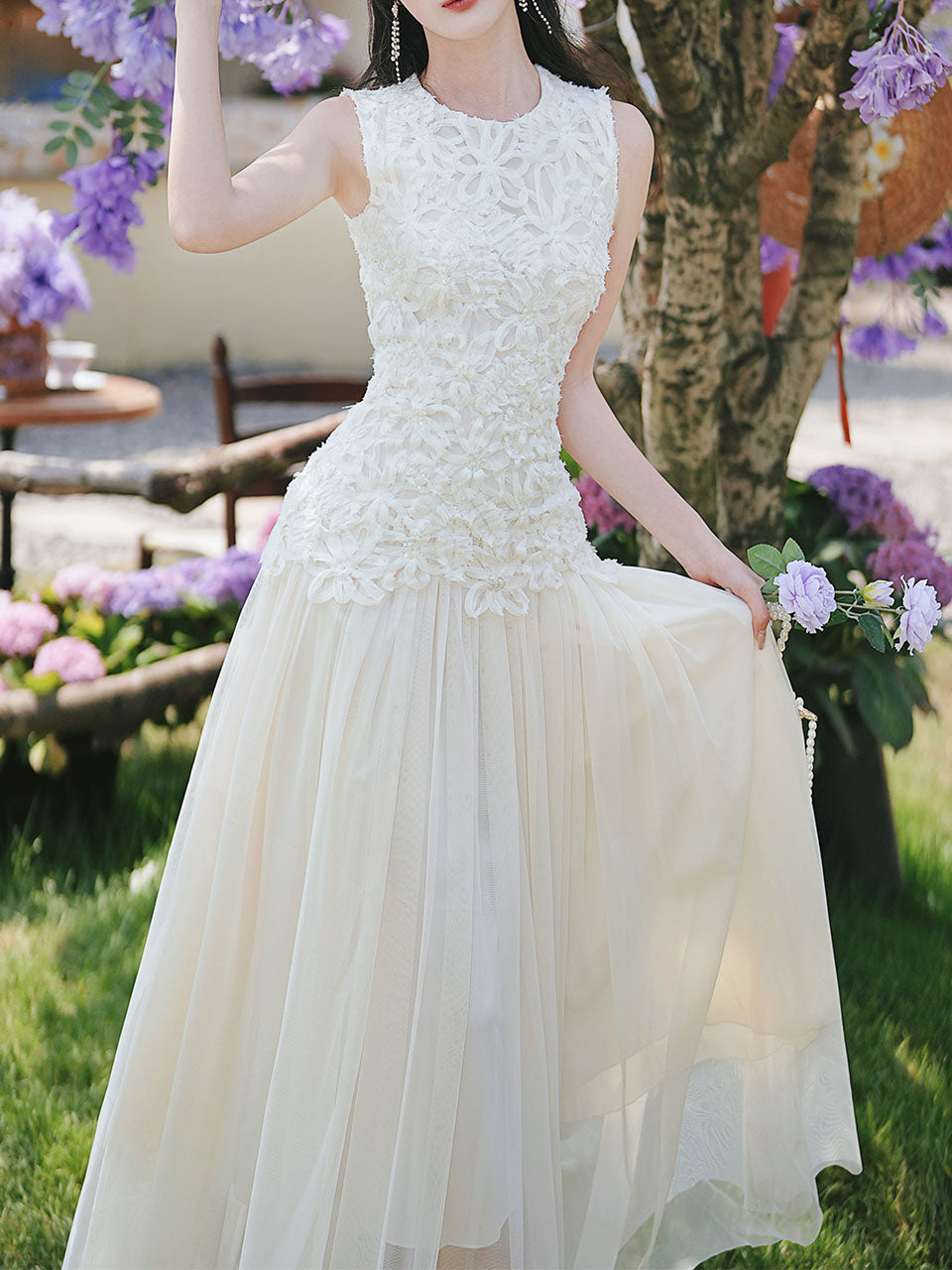 White Lace Patchwork Mesh Vintage Dress