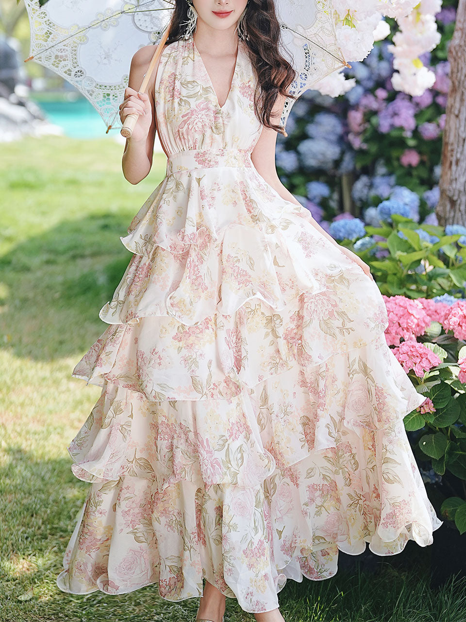 Pink Floral Print Halter Neck Backless Vintage Dress