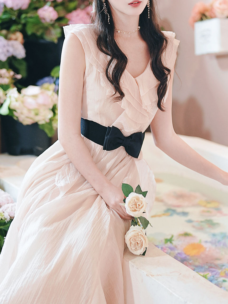 Pink Flowy Ruffle V-Neck Dress