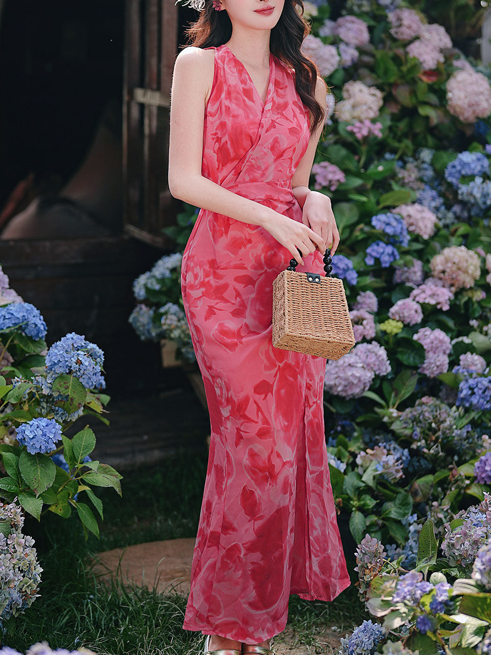 Red Rose Floral Halter Wrap Maxi Dress