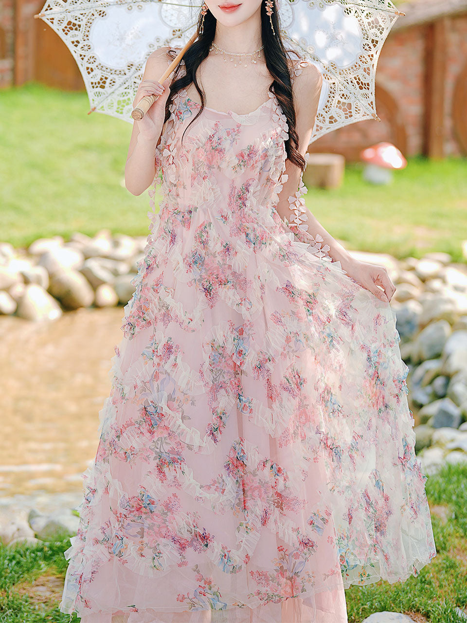 2PS Pink Ruffles Floral Printed Spaghetti Strap Vintage Dress