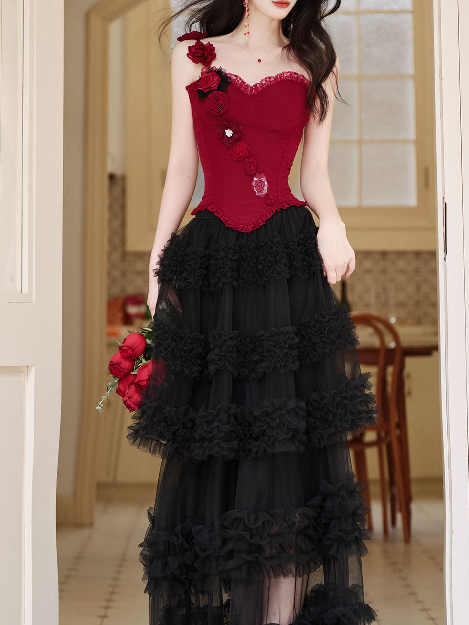 Gothic Red Corset Tiered Tulle Maxi Dress  Rose Asymmetric Ruffle Dark Romantic Party Gown
