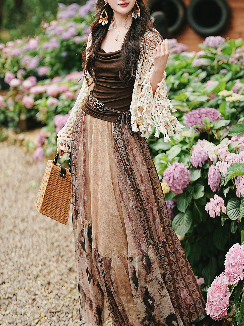 Vintage Boho Patchwork Maxi Skirt - Flowy A-Line Tiered Long Skirt for Women