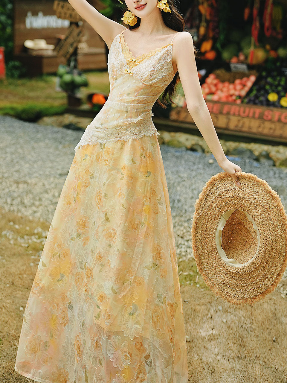 Romantic Yellow Floral Lace Tulle Maxi Dress and Knit Cardigan Set