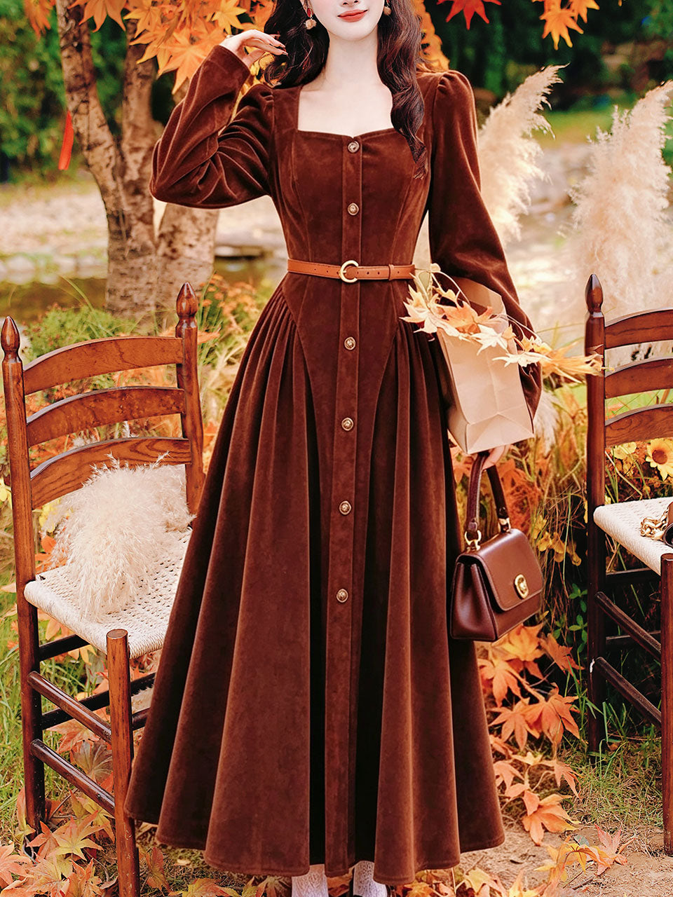 Vintage Brown Velvet Square Neck Puff Sleeve Button-Down Midi Dress