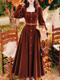 Vintage Brown Velvet Square Neck Puff Sleeve Button-Down Midi Dress