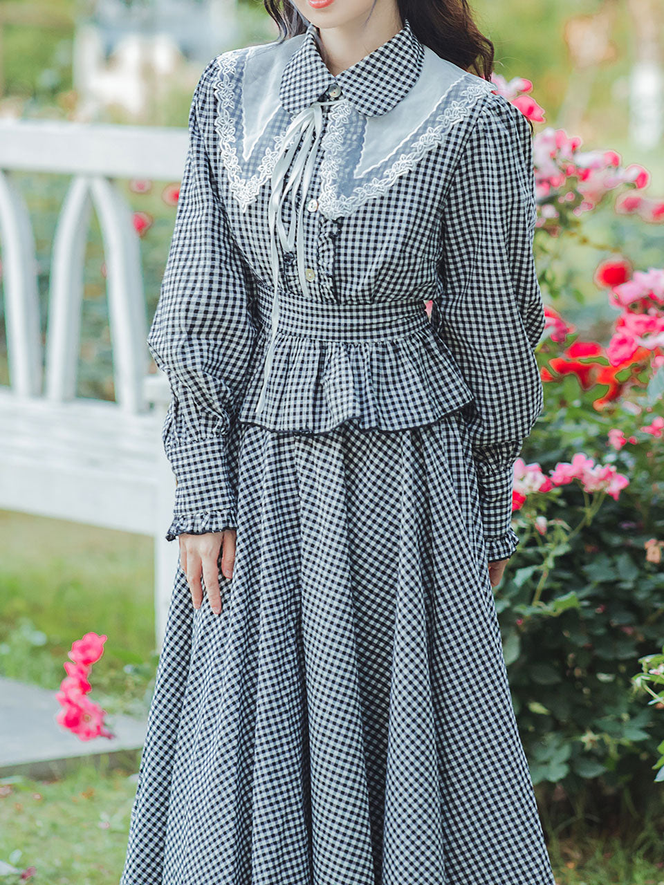 2PS 1950S Plaid Long Sleeve Shirt And Swing Skirt Dress Suit