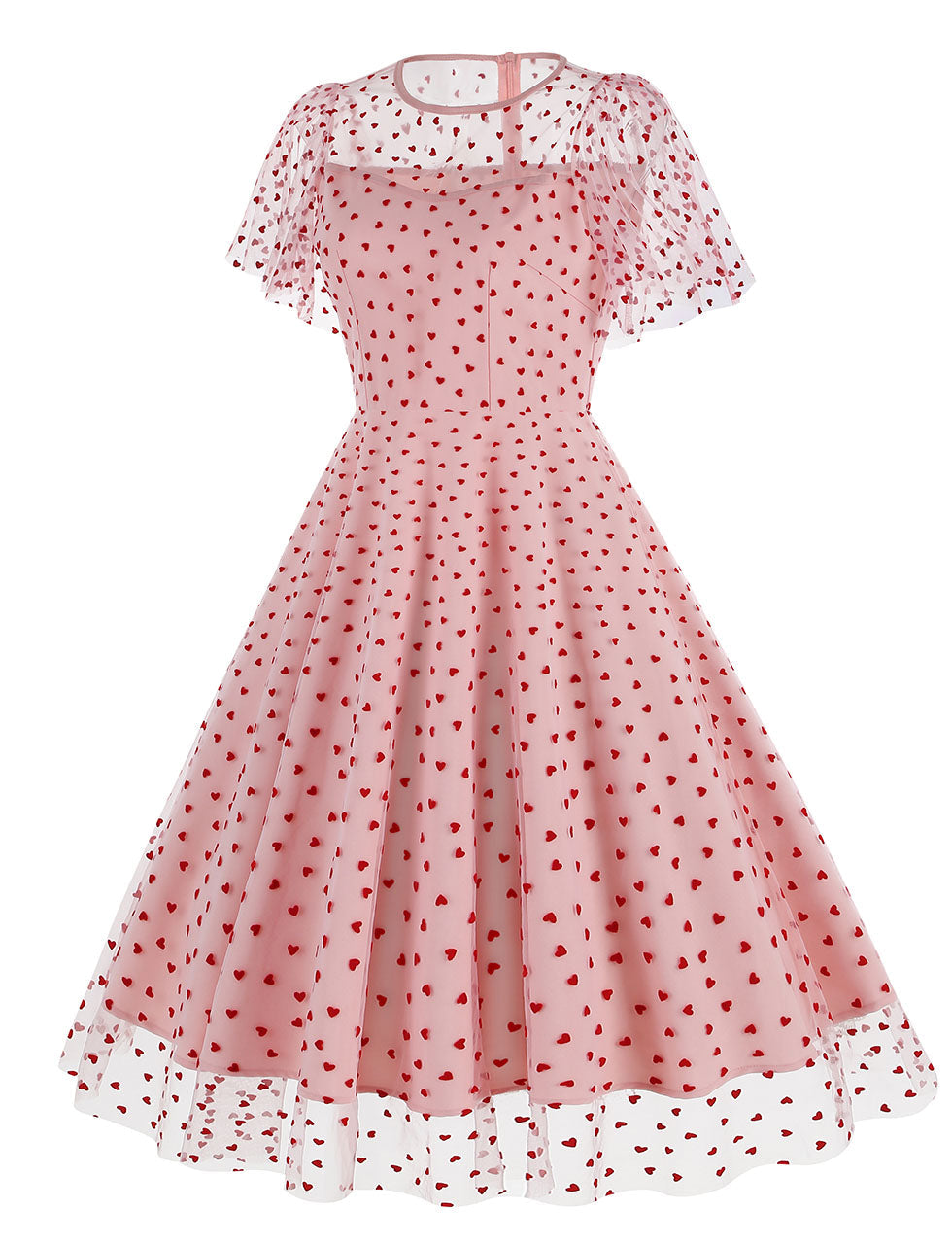 Pink Semi Mesh Sweet Heart Embroidered Short Sleeve 50S Swing Dress