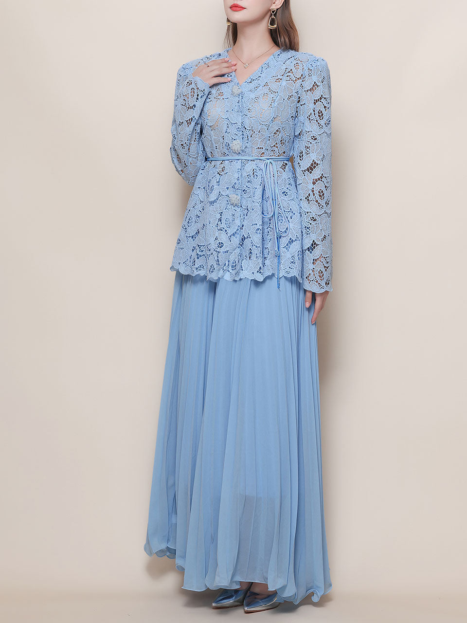 Baby Blue V Neck Long-Sleeve Lace Blouse