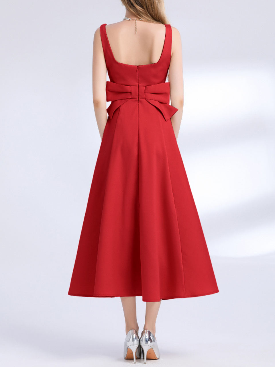 Red Satin V Neck Sleeveless Classic 1950S Vintage Sweet Party Dress
