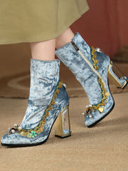 10CM Luxury Velvet Chunky High Heel Bootie Vintage Shoes