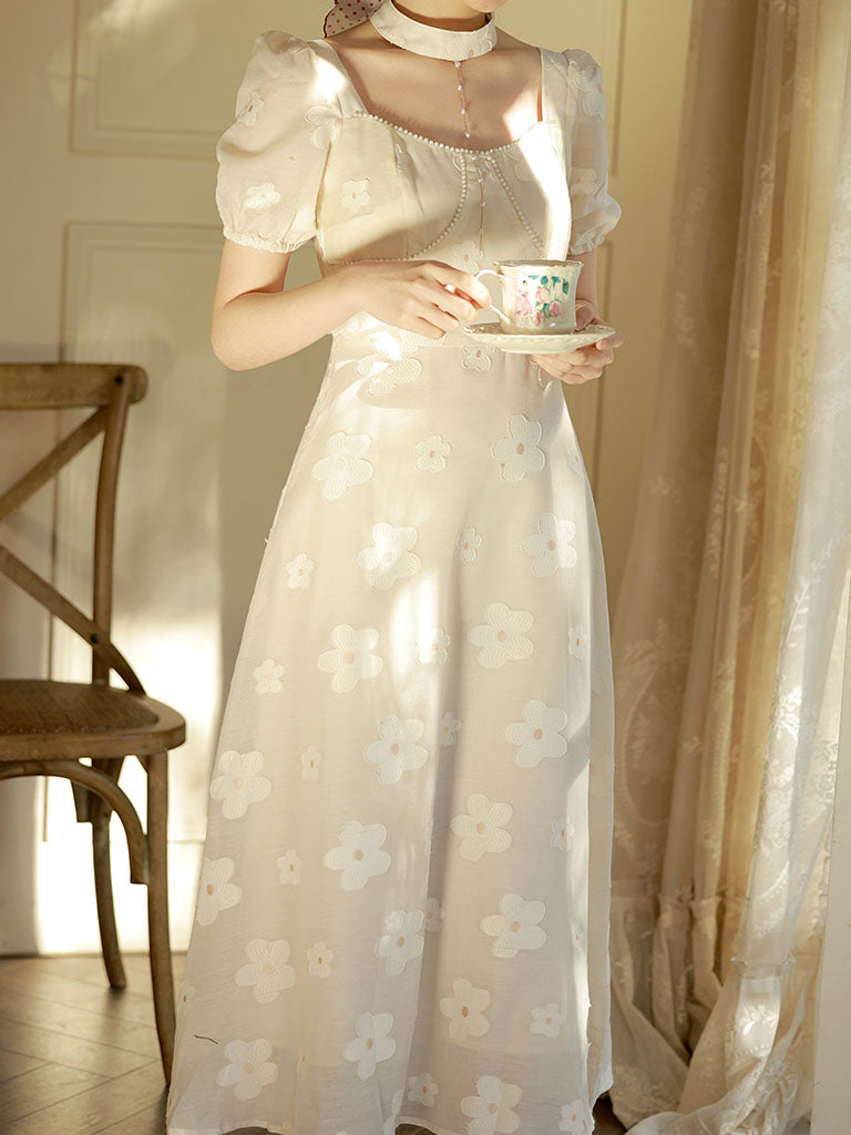 White Daisy Pearl Puff Sleeves 50S Vintage Dress