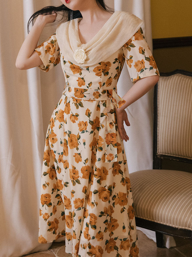 Orange Rose Print Off Shoulder Short Sleeves 50S Chiffon Dress