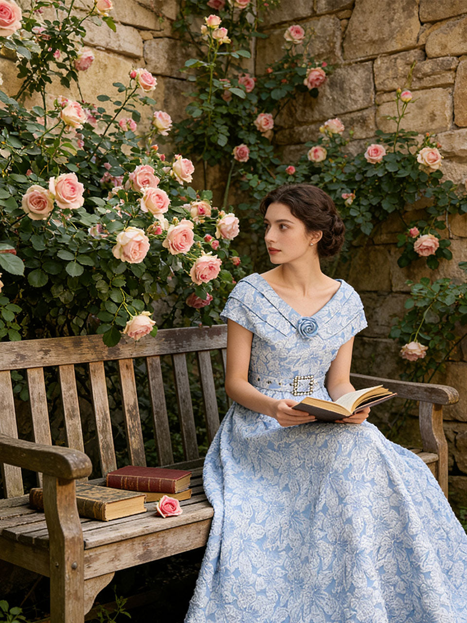 Lavender 3D Rose Vintage Pleated V-Neck Swing Dress
