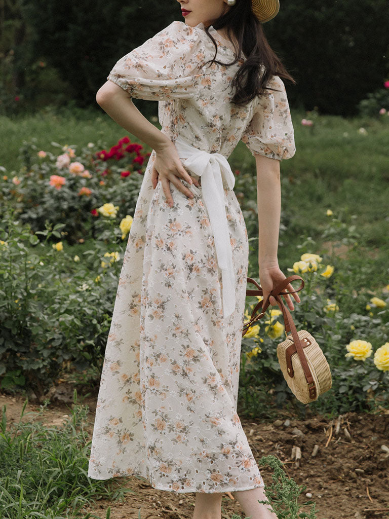 Floral Embroidered Lace Puffed Sleeve Chiffion Vintage Dress
