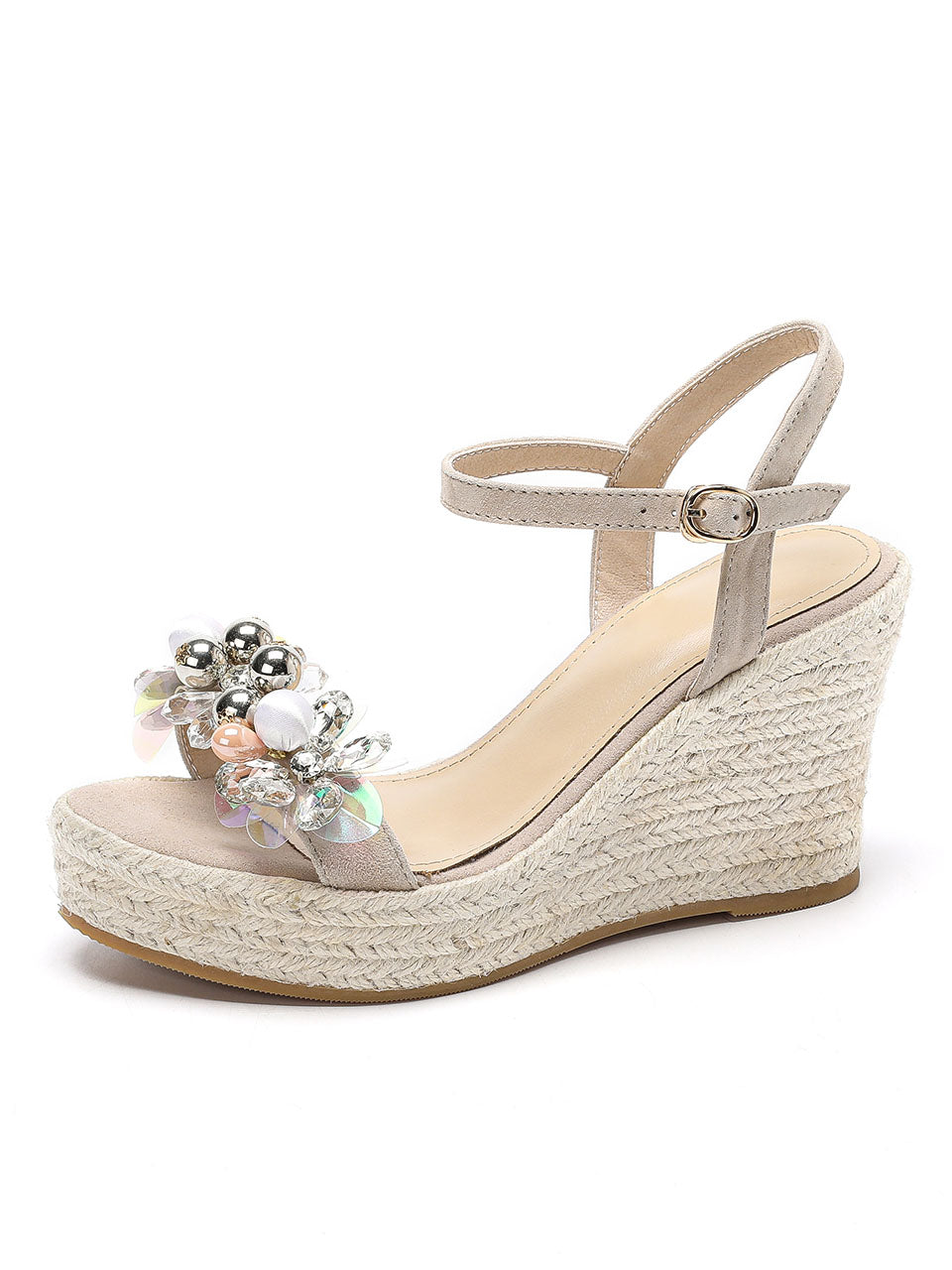 Open Toe Bow Wedge Heel Rhinestones Sandals Leather Vintage Shoes