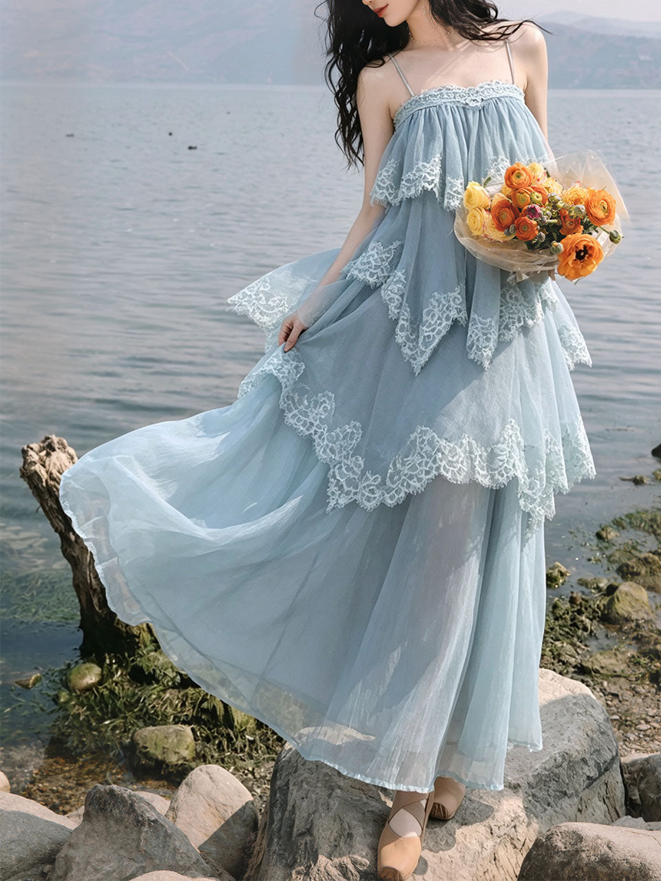Blue Lace Spaghetti Strap Irregular Tiered Maxi Dress